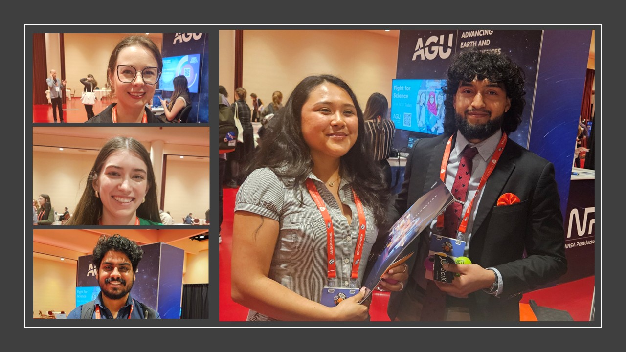 Collage of conference photos set in a dark gray frame. On the right, a large image shows two people standing together in front of an AGU exhibit booth: a woman holding a glossy poster and a man in a suit and red tie, both wearing orange conference lanyards and badges. On the left, three stacked smaller photos show individual portraits of other attendees in the same exhibit hall: top, a woman with glasses and a black blazer; middle, a woman in a green sleeveless top; bottom, a man with a backpack and dark curly hair, all smiling toward the camera.