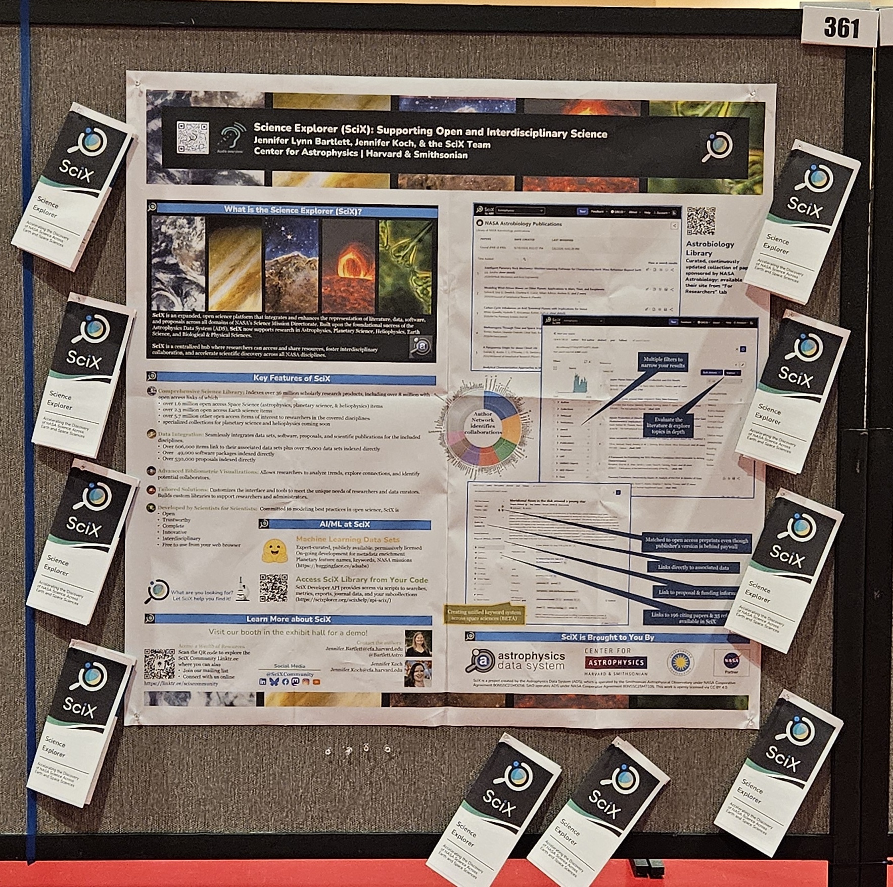 Conference poster for SciX titled "Science Explorer (SciX): Supporting Open and Interdisciplinary Science," displayed on a gray bulletin board labeled "361." The poster includes screenshots of the SciX interface, feature descriptions, diagrams, and QR codes. Around the edges of the board are numerous identical SciX promotional cards or brochures pinned in a border, each with the SciX logo and the words "Science Explorer."