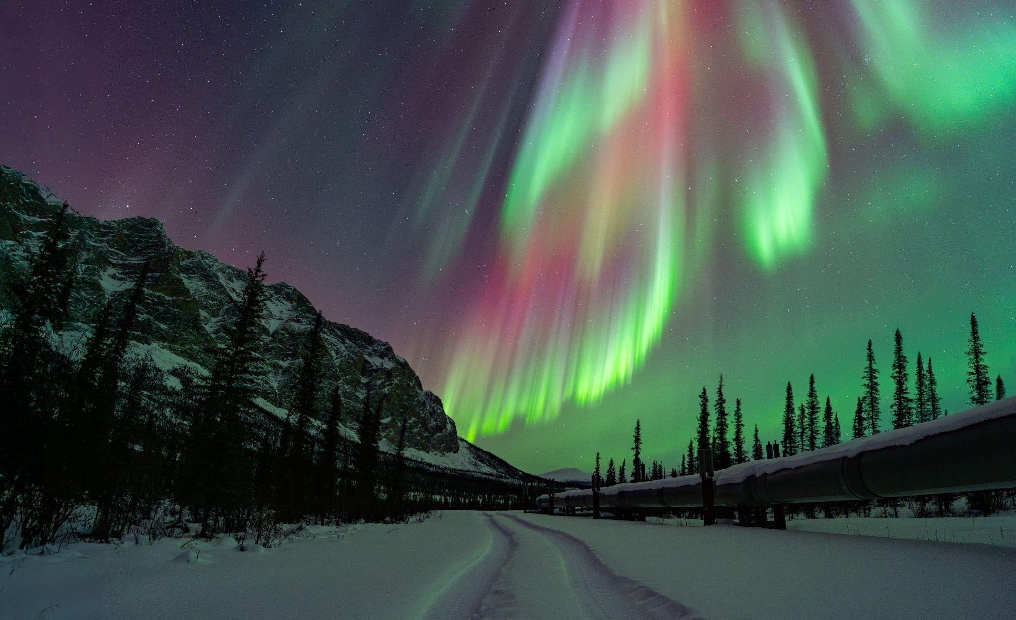 Bright aurora borealis in colors of green, pink, purple, and red, swirling across a starry night sky above a snowy path surrounded by mountains and trees.