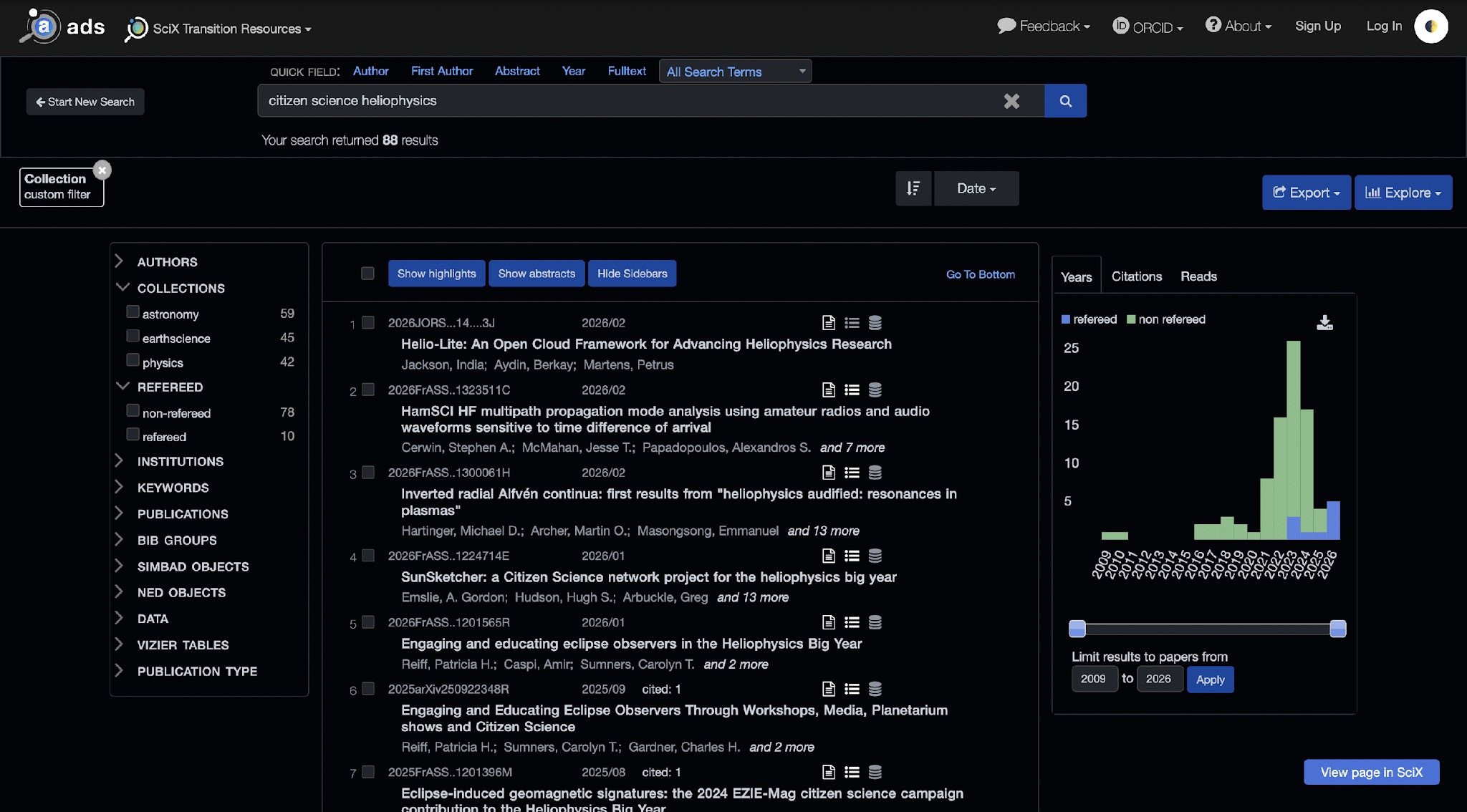 A screengrab of the ADS search interface showing search results for citizen science heliophysics