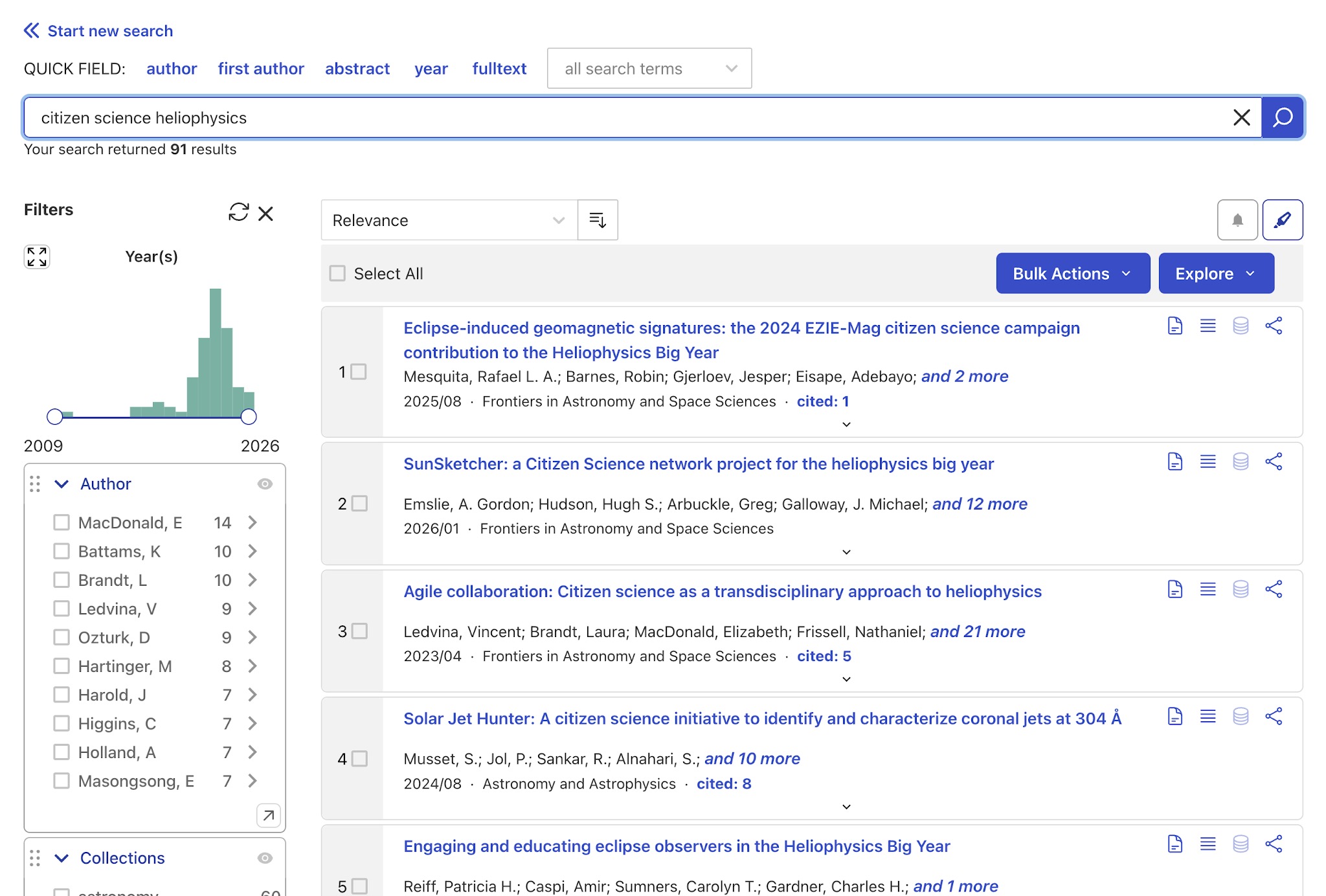 A screengrab of the SciX search interface showing search results for citizen science heliophysics