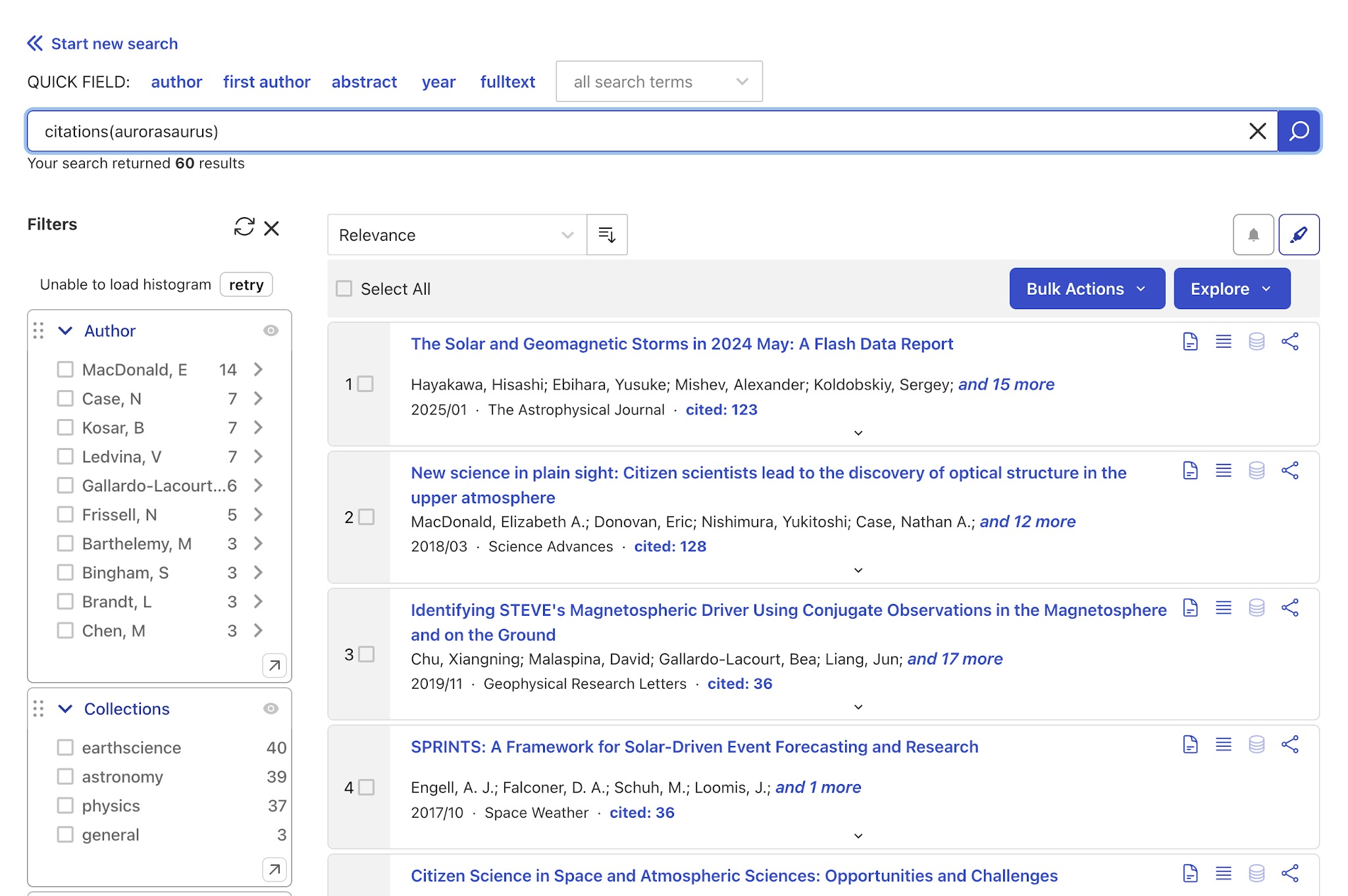 A screengrab of the SciX interface showing search results for papers citing the Aurorasaurus project