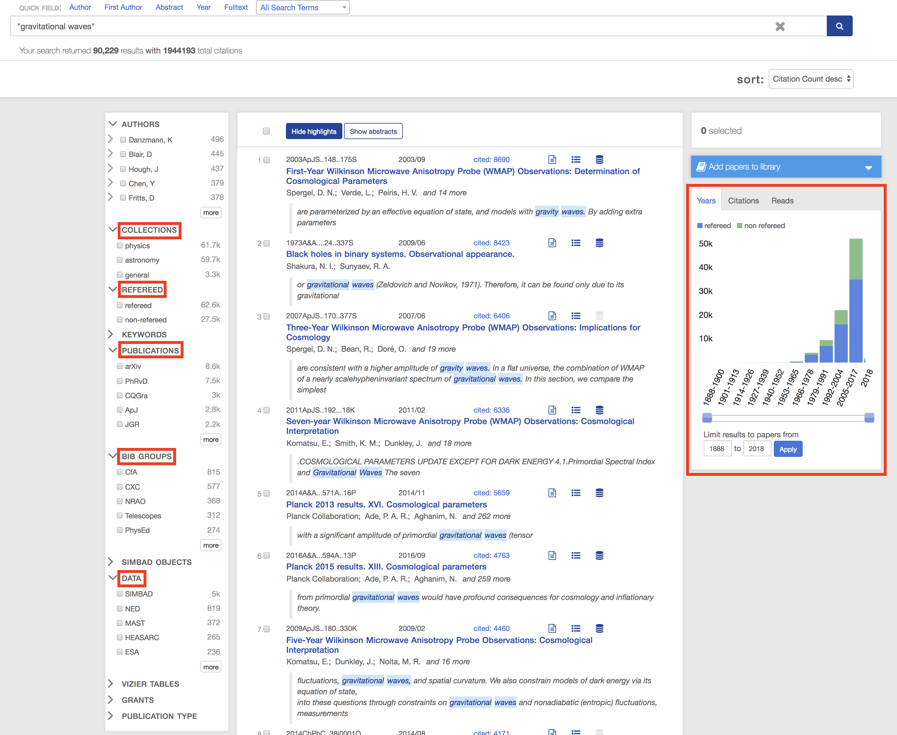 Search results with filter facets highlighted.