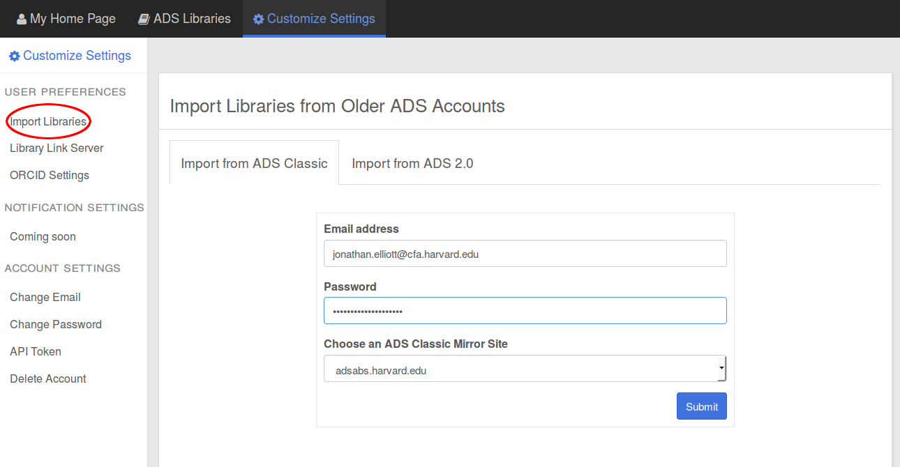 a screenshot of ADS Classic library import with the form filled in