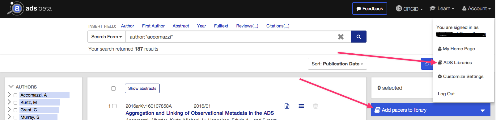 a screenshot of the ads search results interface showing the ads libraries button