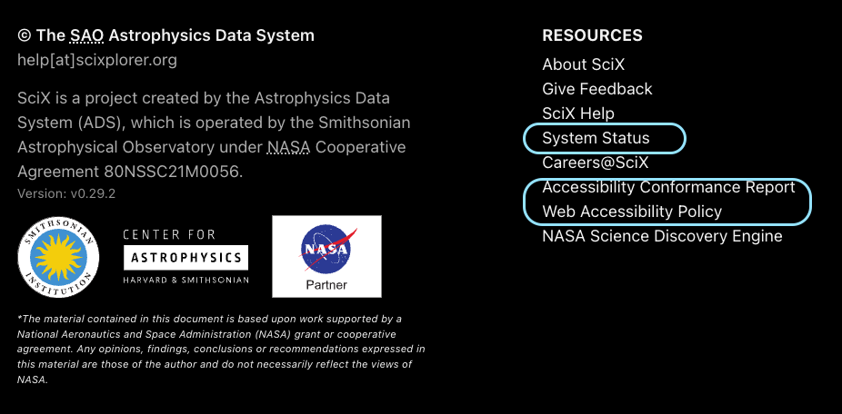 scix footer with links to accessibility report and system status