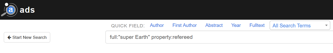 An example search query in ADS. The example query is: full:"super Earth" property:refereed