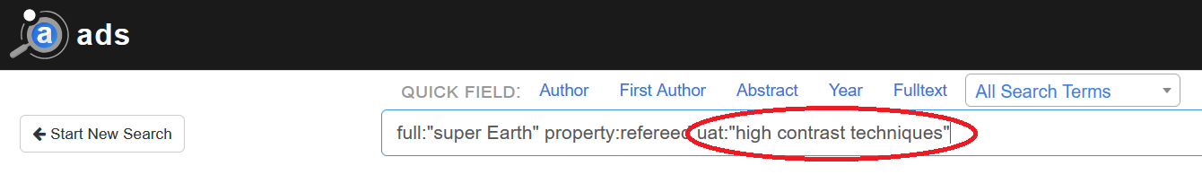 The same example search query in ADS as before, but now it includes filtering on a UAT concept. The example query is: full:"super Earth" property:refereed uat:"high contrast techniques"