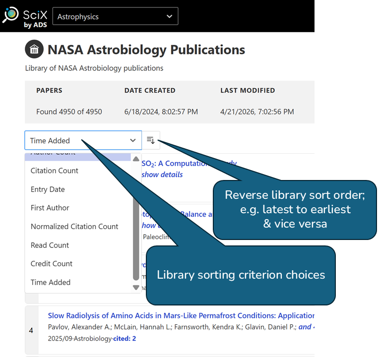 SciX library sorting controls showing a dropdown menu and sort order toggle