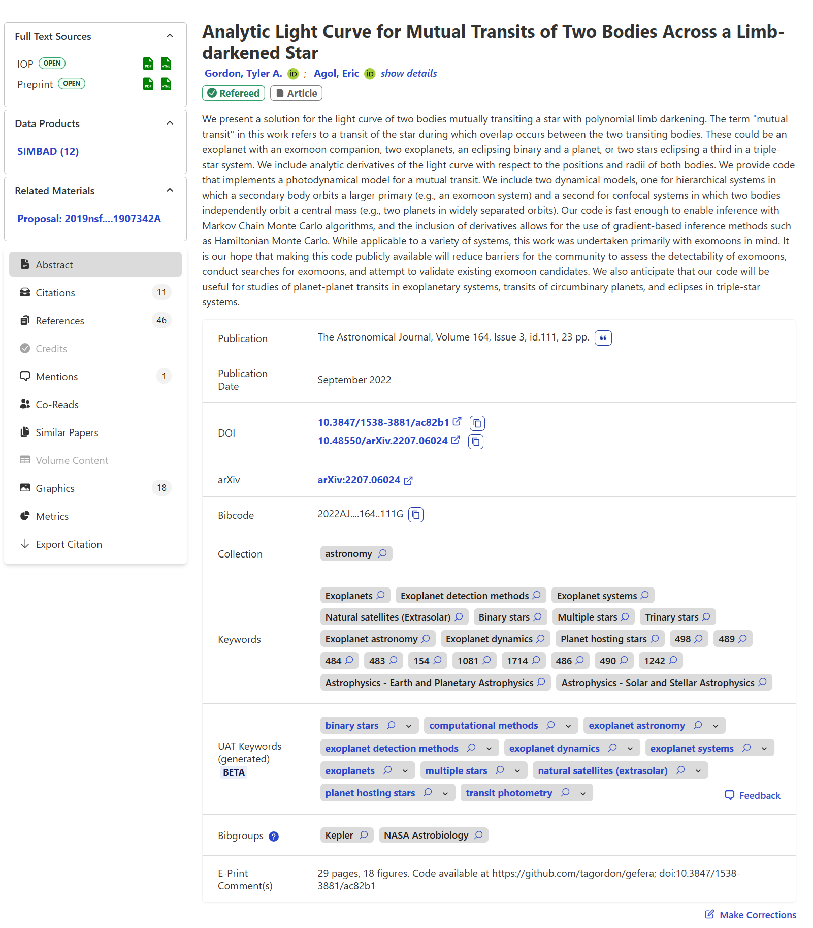 Screenshot of a SciX by ADS article detail page for a paper titled 'Analytic Light Curve for Mutual Transits of Two Bodies Across a Limb-darkened Star' by Gordon, Tyler A. and Agol, Eric. The top center shows the title, authors, and badges indicating the article is refereed and an 'Article.' A long abstract paragraph appears beneath. On the right of the abstract is a bibliographic table listing: publication (The Astronomical Journal, Volume 164, Issue 3, id.111, 23 pp.), publication date (September 2022), DOI links, arXiv ID, bibcode, collection (astronomy), keyword chips (e.g., Exoplanets, Exoplanet detection methods, Binary stars, Exoplanet systems), UAT-generated keywords, and bibgroups such as Kepler and NASA Astrobiology. At the bottom is an 'E-Print Comment(s)' field noting page and figure counts plus a GitHub code link, and a 'Make Corrections' link. On the left side, a vertical navigation pane lists sections and resources: Full Text Sources (with IOP and Preprint marked OPEN), Data Products (SIMBAD (12)), Related Materials (a proposal link), and sections like Abstract, Citations, References, Credits, Mentions, Co-Reads, Similar Papers, Volume Content, Graphics (18), Metrics, and Export Citation.