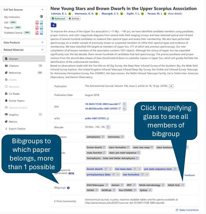 Screenshot of SciX Abstract view of article titled “New Young Stars and Brown Dwarfs in the Upper Scorpius Association” in the Astrophysical Journal. A left sidebar lists sections such as abstract, citations, references, graphics, and metrics. The main panel shows the article abstract and publication details, including DOI, arXiv link, keywords, and bibgroups. Two blue callout bubbles annotate the page: one at lower left says the bibgroups a paper belongs to may have more than one option, and one at center right says to click the magnifying glass to see all members of a bibgroup.