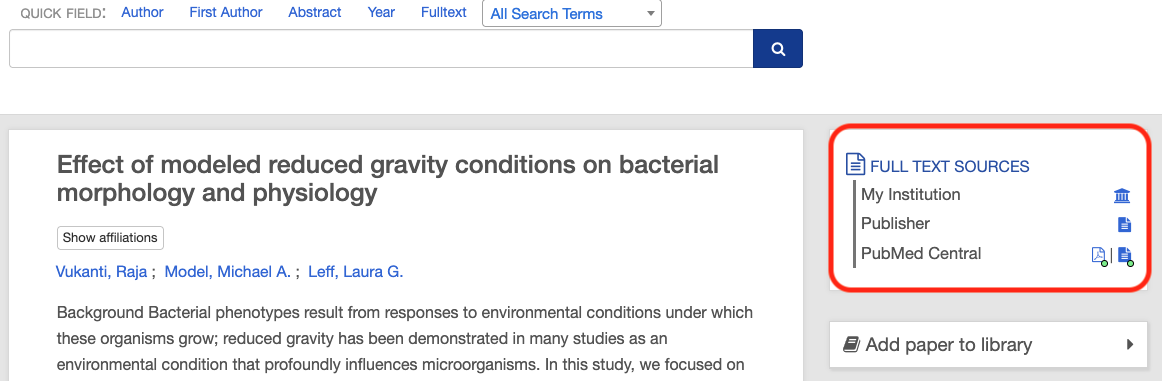Screengrab of the ADS interface showing a record view page with a right-hand menu that provides full-text links, one of which is a link to the PubMed Central source.