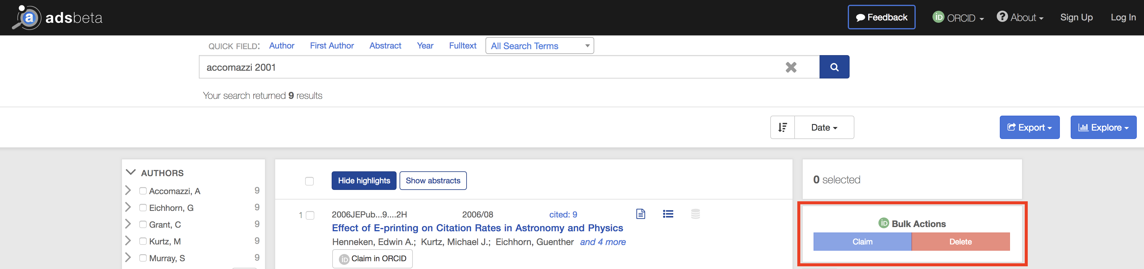 ORCID bulk action selection in the righthand column of the search results page