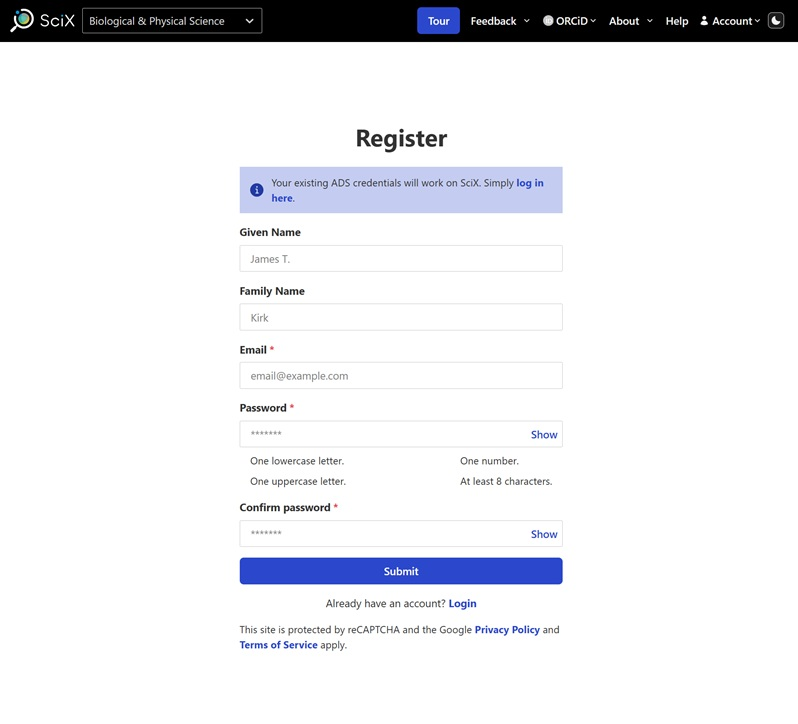 The registration page