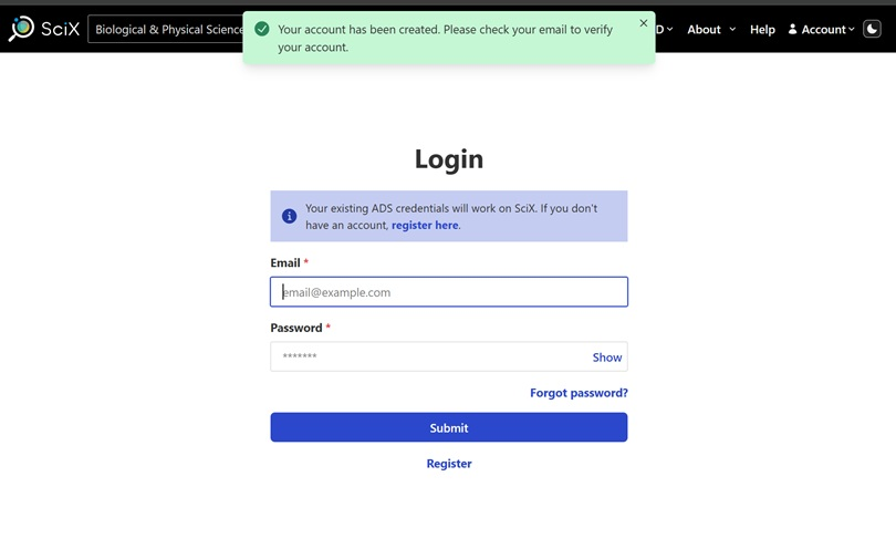 The registration page with notification showing an account has been created