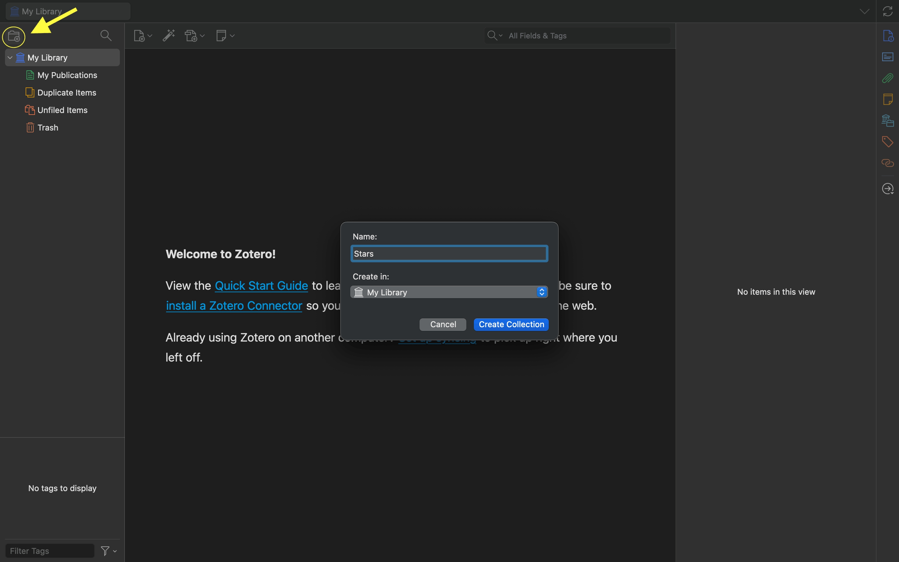 A screenshot of Zotero with the create new collection dialog open