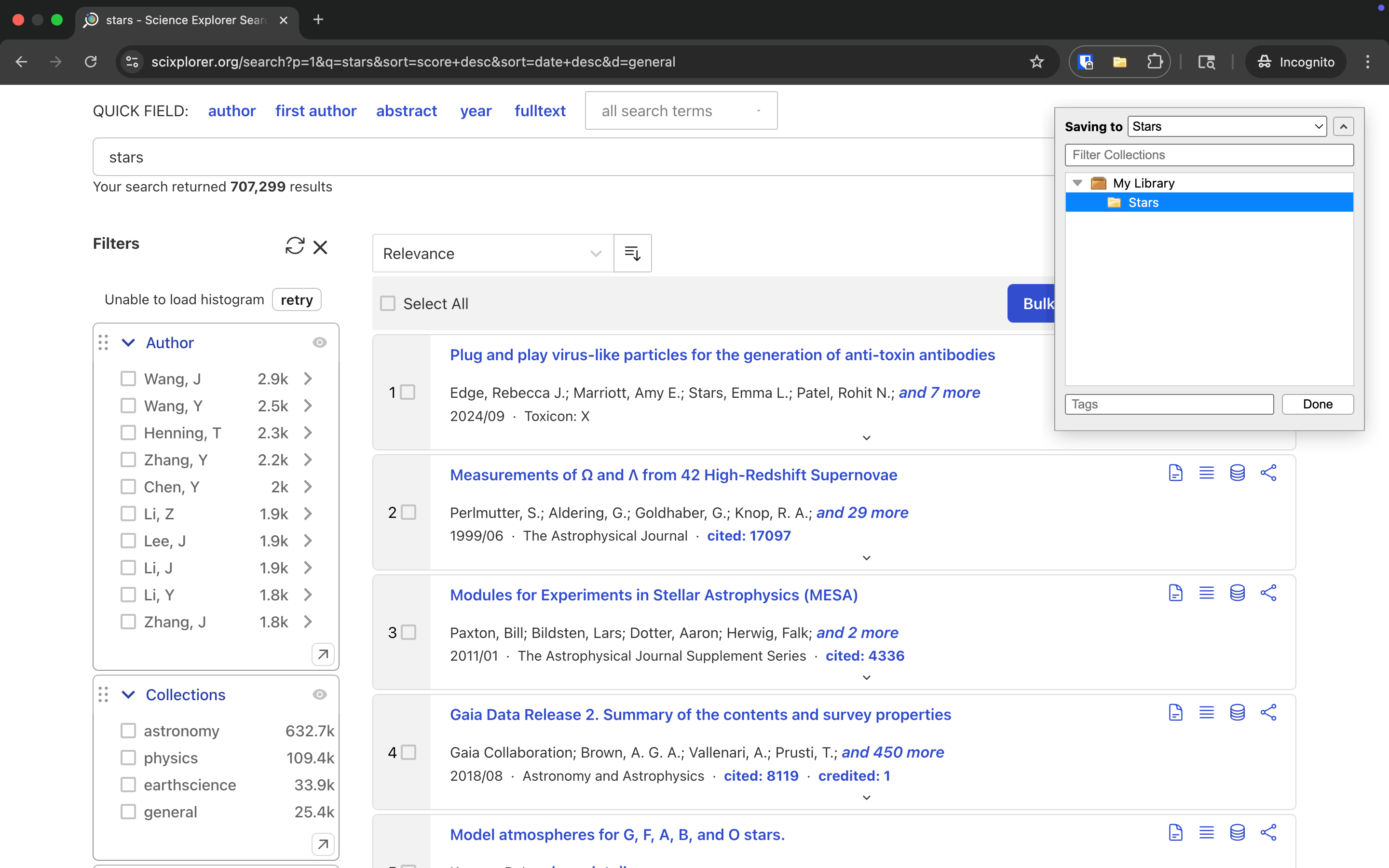 A screenshot SciX search results page with dialog box after clicking on Zotero extension