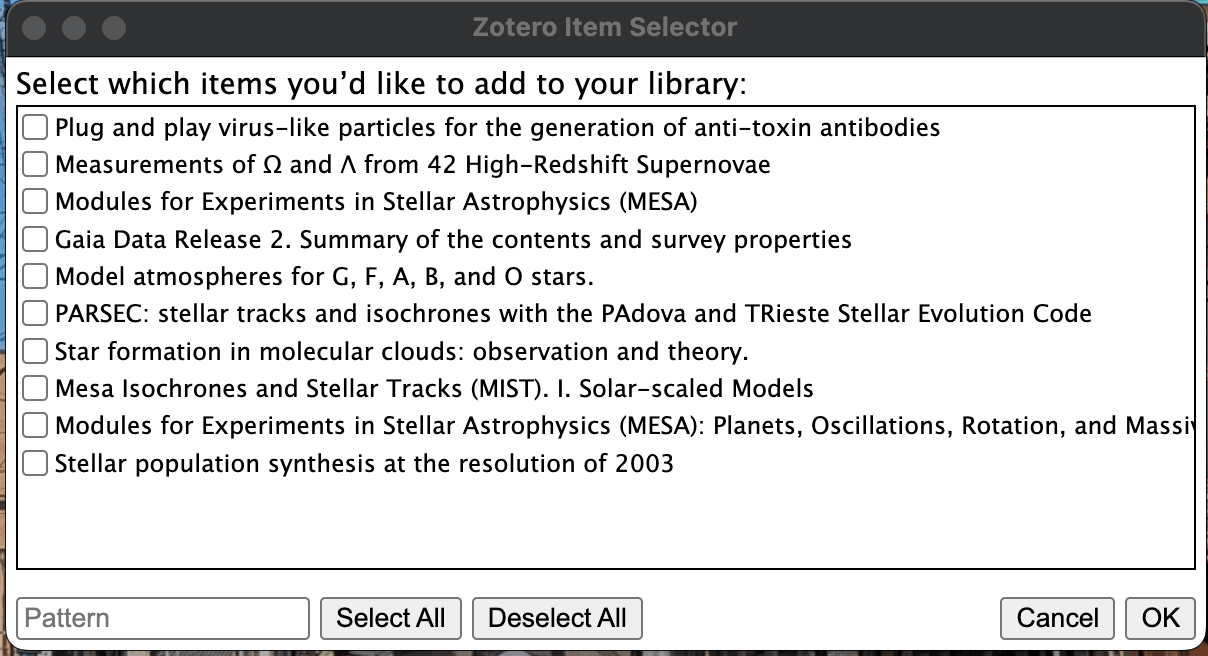Zotero item selector dialog