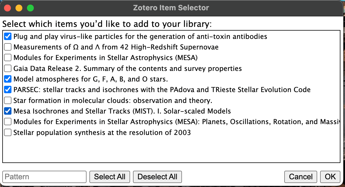 Zotero item selector dialog with items selected