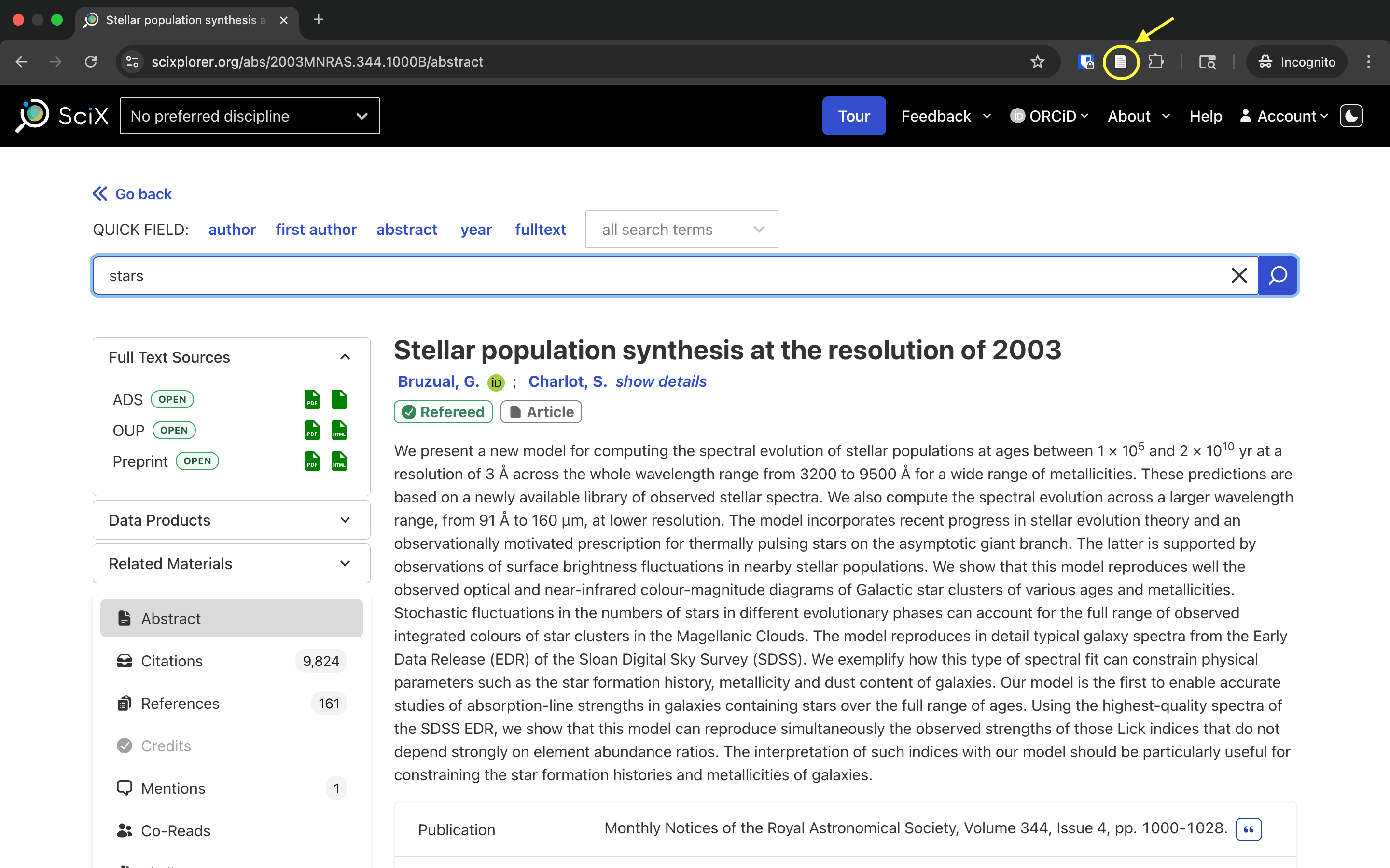 SciX abstract page with Zotero browser extension